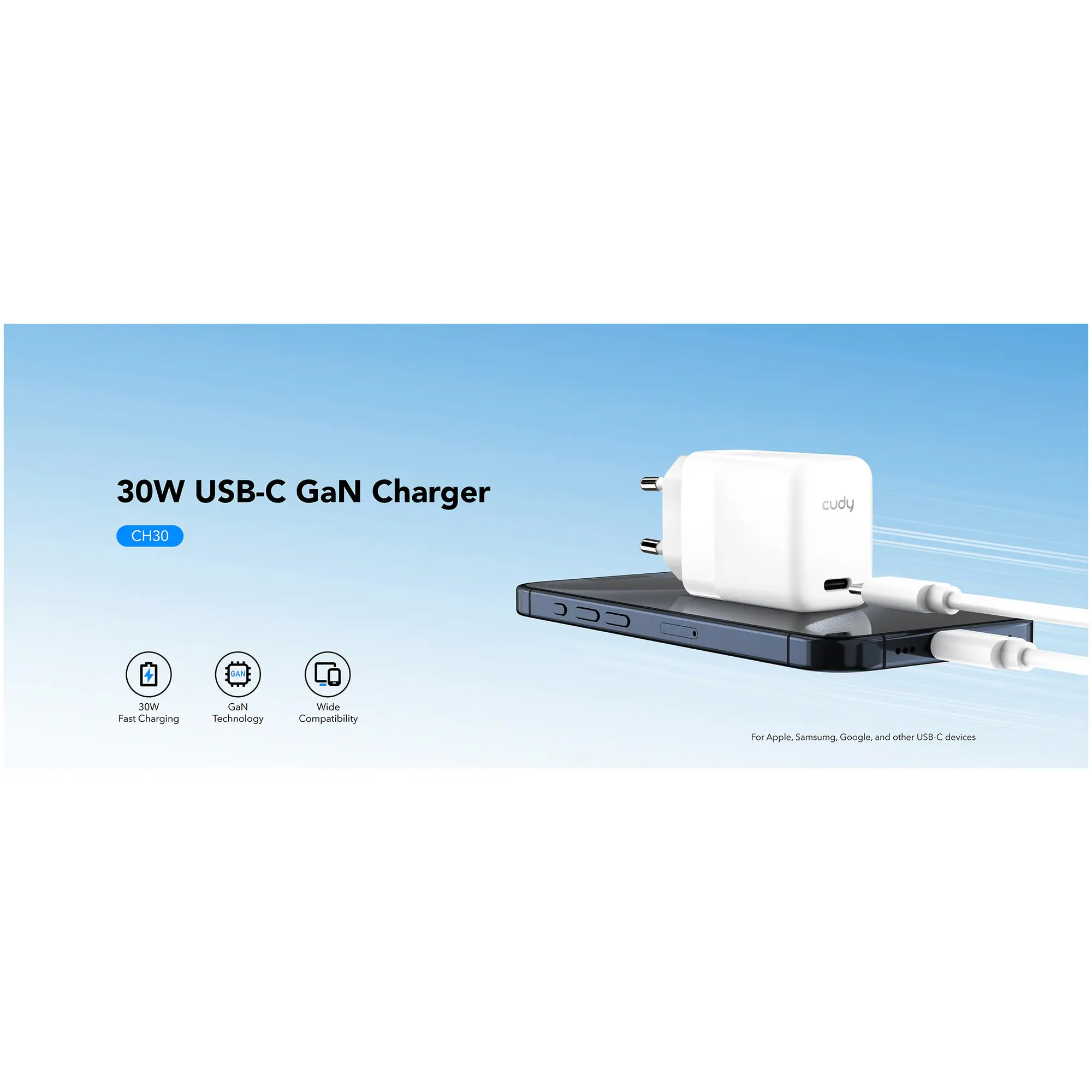 Купити Зарядний пристрій Cudy CH30 GaN Charger USB-C PD 3.0, QC 3.0, 30W White - фото 3