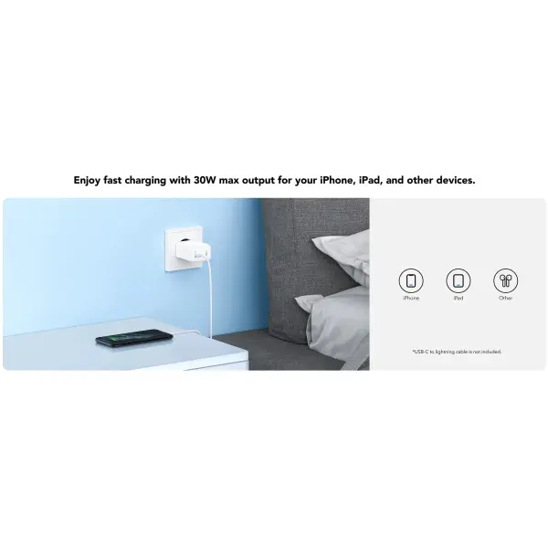 Купити Зарядний пристрій Cudy CH30 GaN Charger USB-C PD 3.0, QC 3.0, 30W White - фото 4