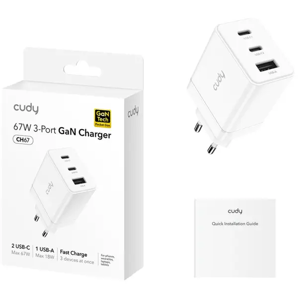 Купити Зарядний пристрій Cudy CH67 GaN Charger 2xUSB-C, 1xUSB-A PD 3.0, QC 3.0, 67W White - фото 2