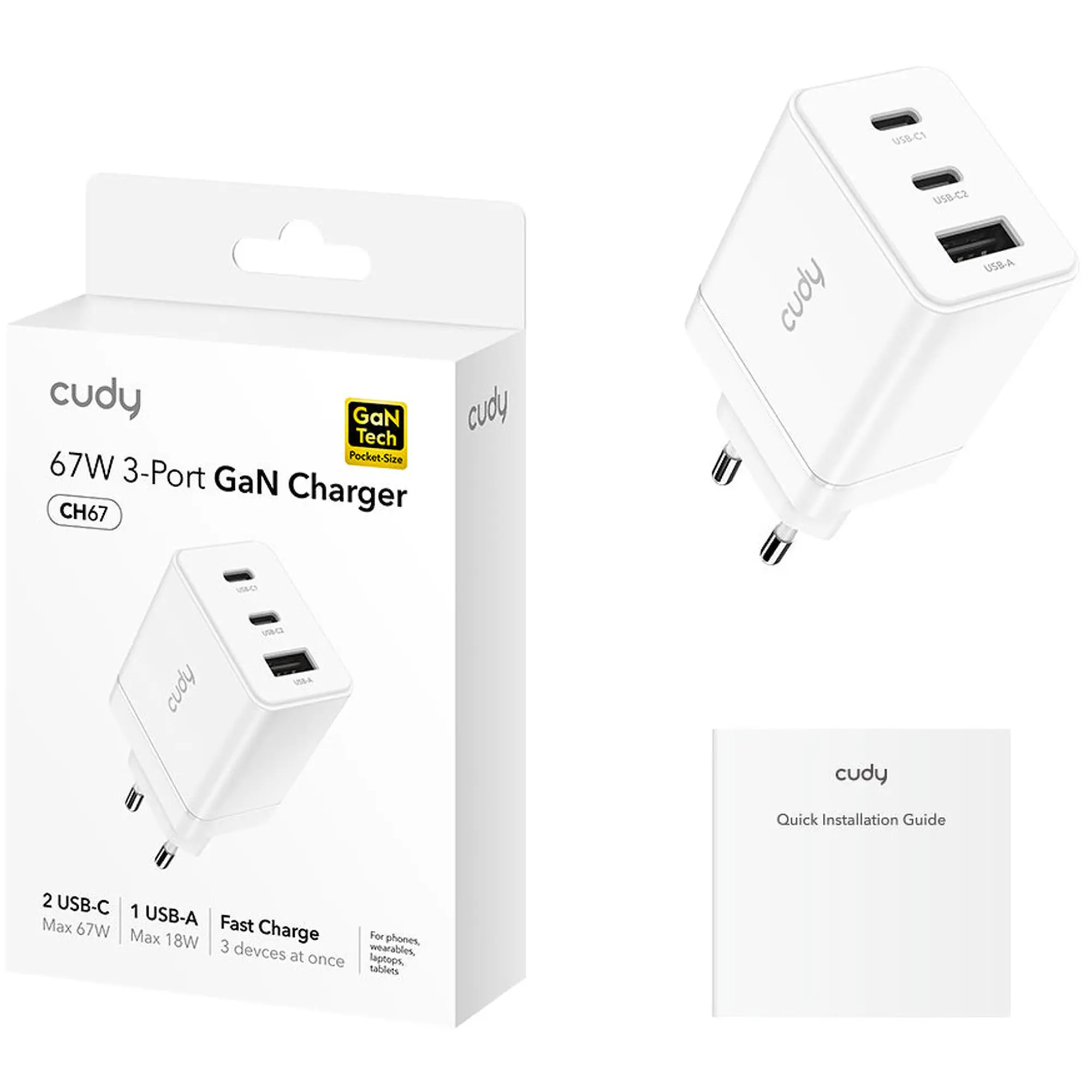 Купити Зарядний пристрій Cudy CH67 GaN Charger 2xUSB-C, 1xUSB-A PD 3.0, QC 3.0, 67W White - фото 2