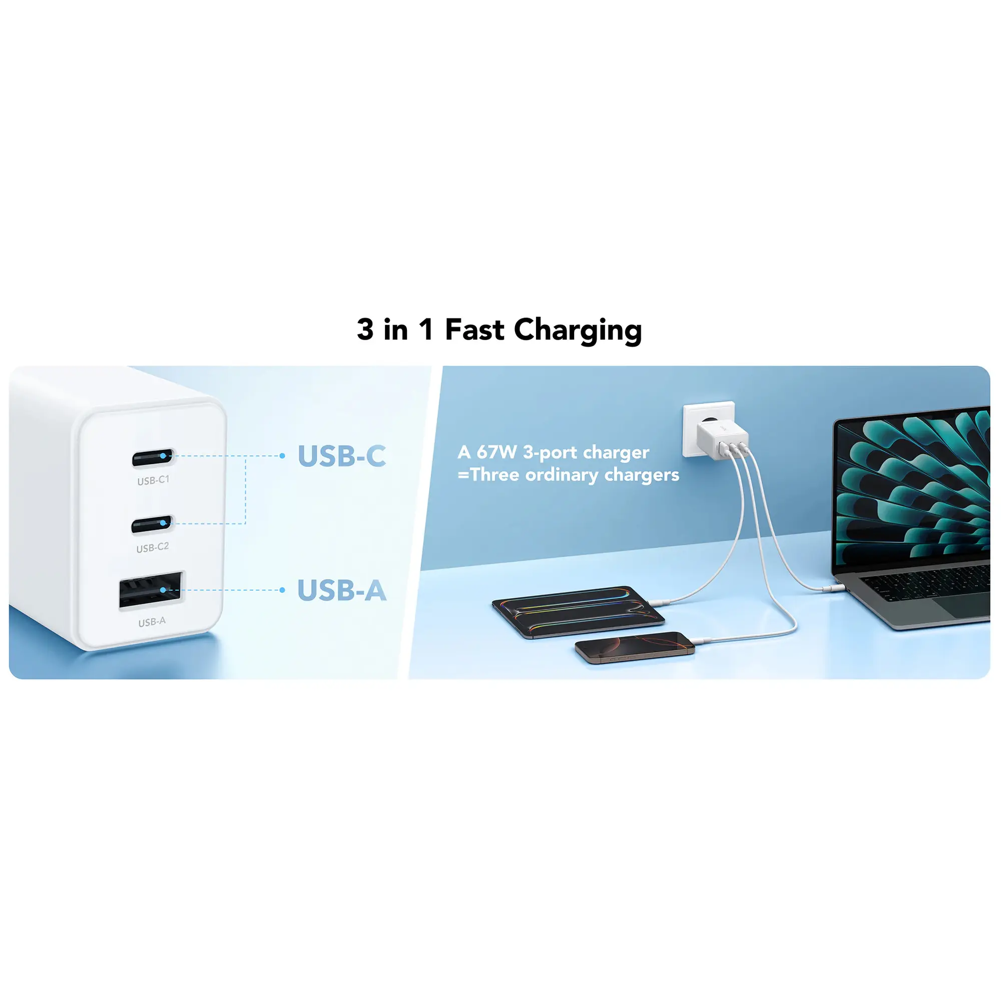 Купити Зарядний пристрій Cudy CH67 GaN Charger 2xUSB-C, 1xUSB-A PD 3.0, QC 3.0, 67W White - фото 4