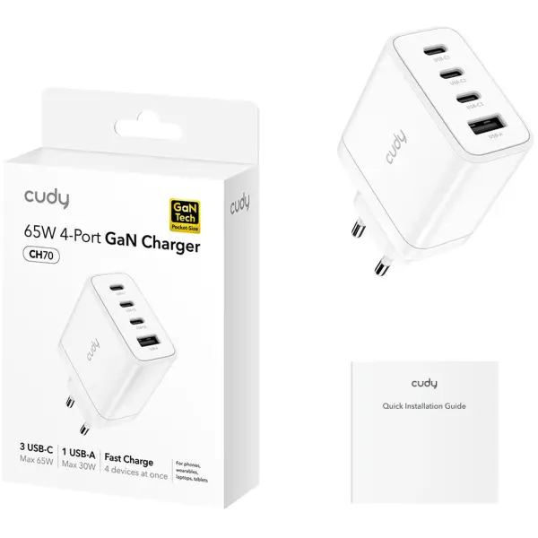 Купити Зарядний пристрій Cudy CH70 GaN Charger 3xUSB-C, 1xUSB-A PD 3.0, QC 3.0 65W White - фото 2