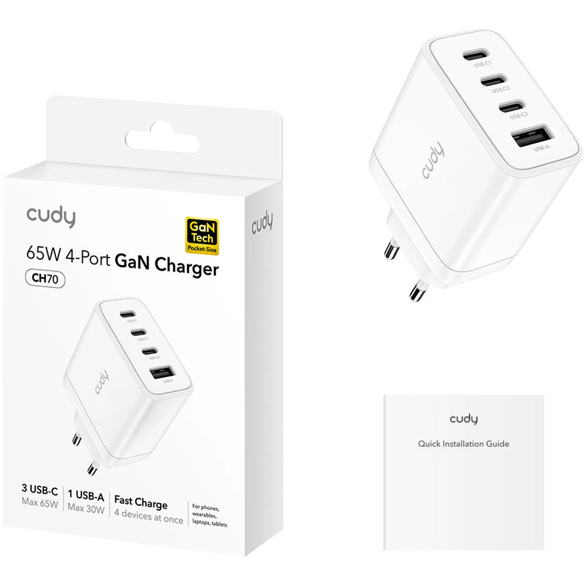 Купити Зарядний пристрій Cudy CH70 GaN Charger 3xUSB-C, 1xUSB-A PD 3.0, QC 3.0 65W White - фото 2