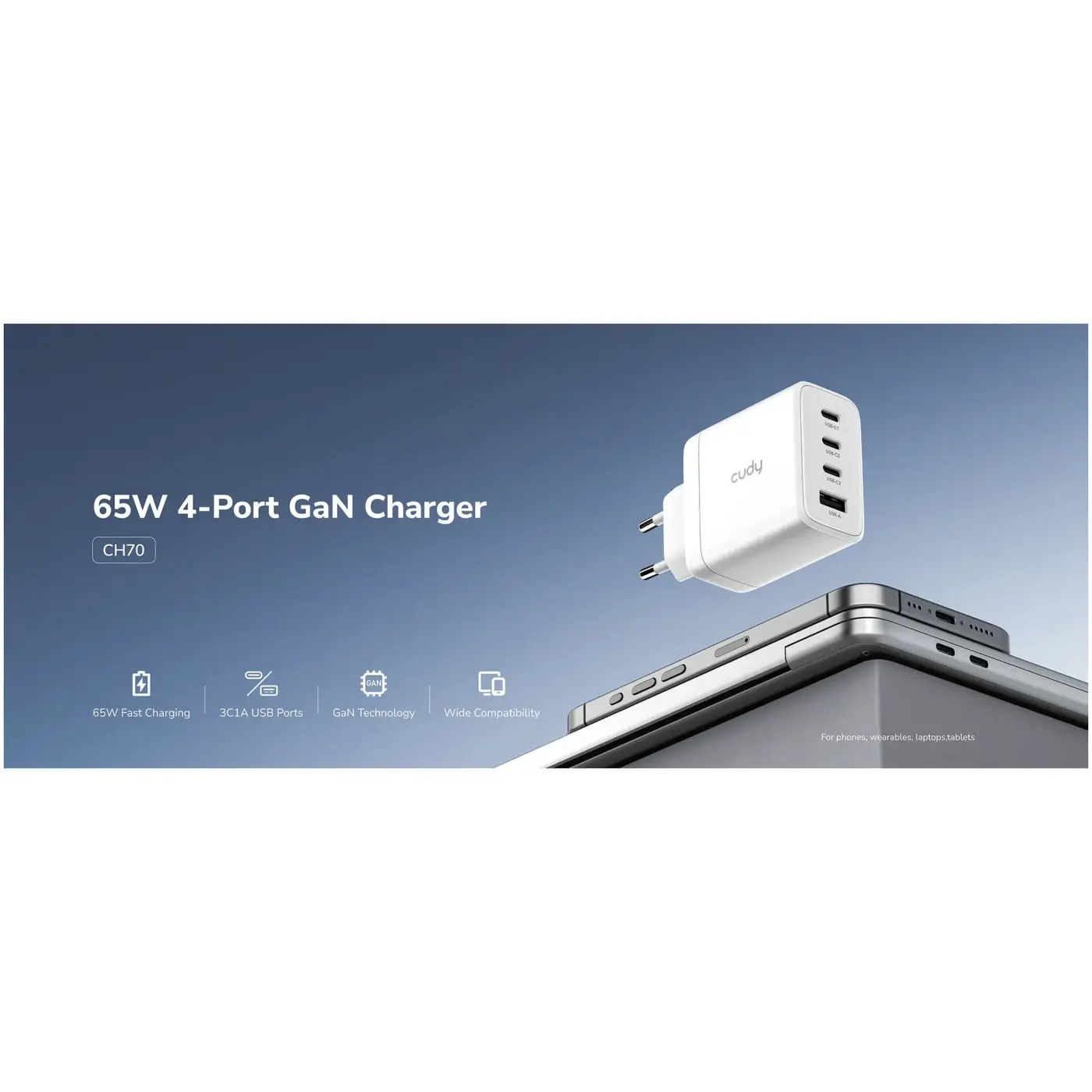 Купити Зарядний пристрій Cudy CH70 GaN Charger 3xUSB-C, 1xUSB-A PD 3.0, QC 3.0 65W White - фото 3