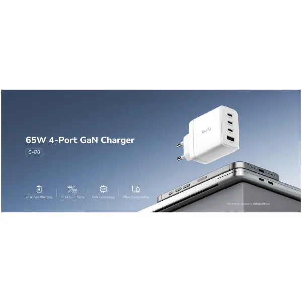 Купити Зарядний пристрій Cudy CH70 GaN Charger 3xUSB-C, 1xUSB-A PD 3.0, QC 3.0 65W White - фото 3