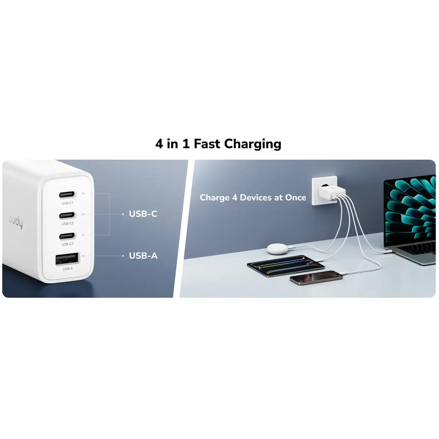 Купити Зарядний пристрій Cudy CH70 GaN Charger 3xUSB-C, 1xUSB-A PD 3.0, QC 3.0 65W White - фото 4