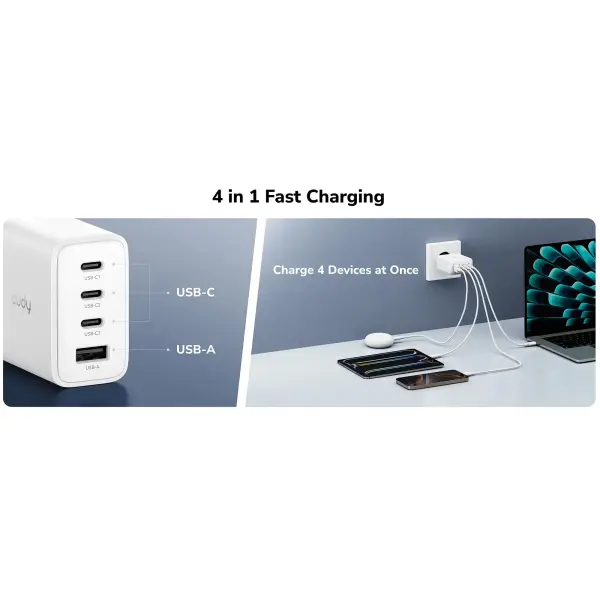 Купити Зарядний пристрій Cudy CH70 GaN Charger 3xUSB-C, 1xUSB-A PD 3.0, QC 3.0 65W White - фото 4