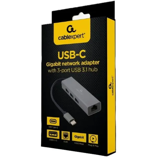 Купити Концентратор Cablexpert Type-С to Gigabit Ethernet, 3 Ports USB 3.1 Gen 1 (5 Gbps) (A-CMU3-LAN-01) - фото 2
