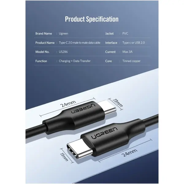 Купить Кабель UGREEN US286 USB-C - USB-C 3A 0.5m Black (50996) - фото 7