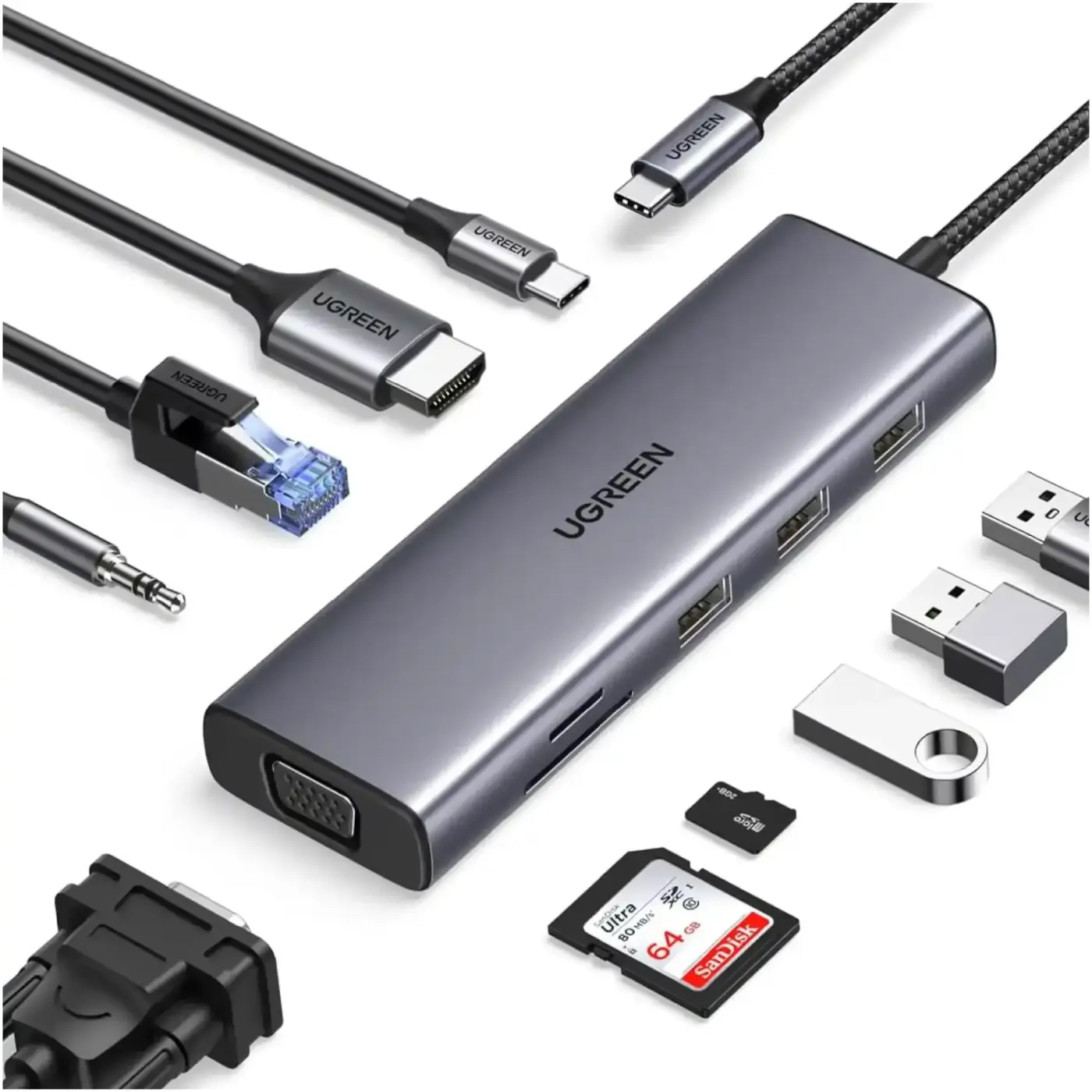 Купить USB-хаб UGREEN CM498 USB3.1 Type-C - HDMI/VGA/USB 3.0х3/RJ45/SD/TF/PD/3,5мм TRRS 100W 10-in-1 (15601) - фото 1