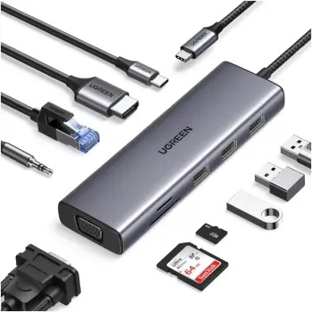 Купить USB-хаб UGREEN CM498 USB3.1 Type-C - HDMI/VGA/USB 3.0х3/RJ45/SD/TF/PD/3,5мм TRRS 100W 10-in-1 (15601) - фото 1