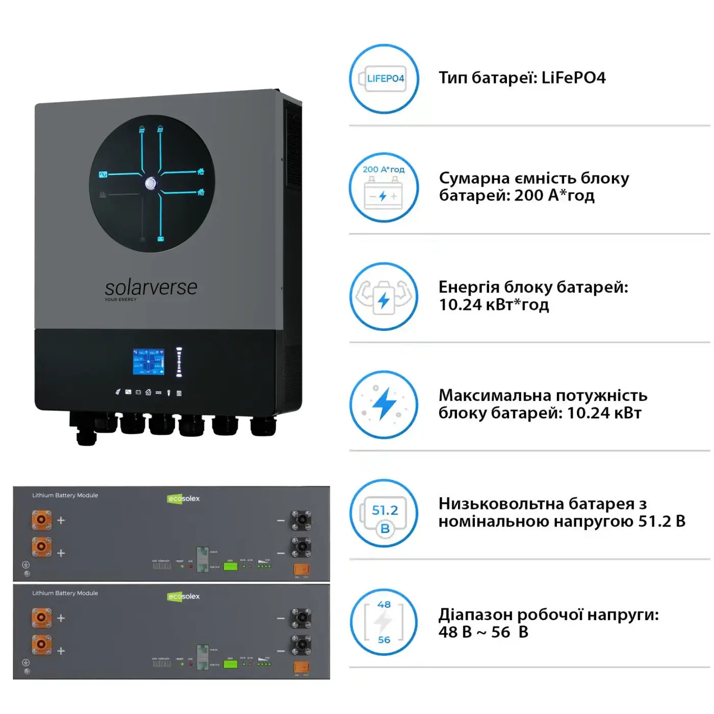 Купить Система хранения энергии Solarverse SV-1SV5K2-LEC10K1-1 5kW 10.2kWh 2BAT LiFePO4 ≥6000 циклов - фото 5