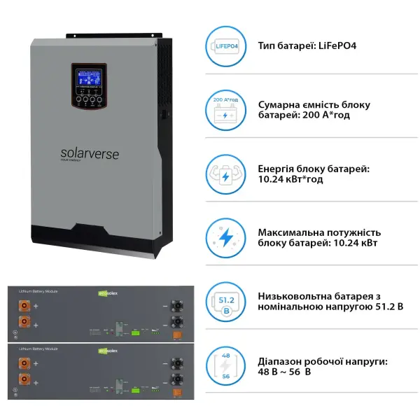 Купить Система хранения энергии Solarverse SV-1SV8K1-LEC10K1-1 8kW 10.2kWh 2BAT LiFePO4 ≥6000 циклов - фото 5