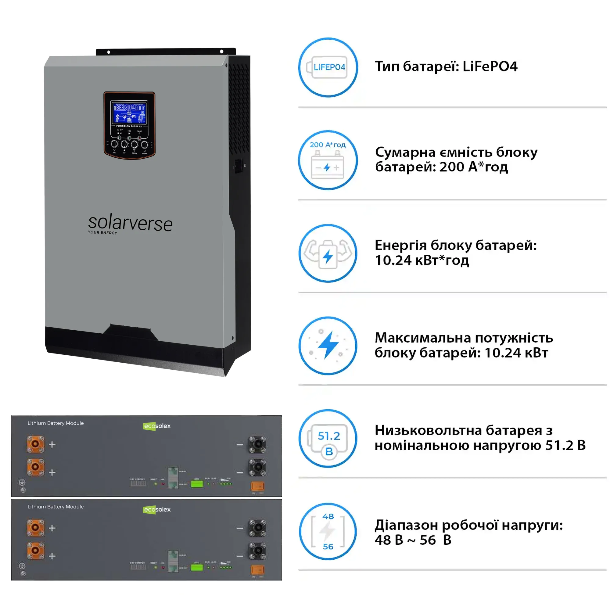 Купить Система хранения энергии Solarverse SV-1SV8K1-LEC10K1-1 8kW 10.2kWh 2BAT LiFePO4 ≥6000 циклов - фото 5