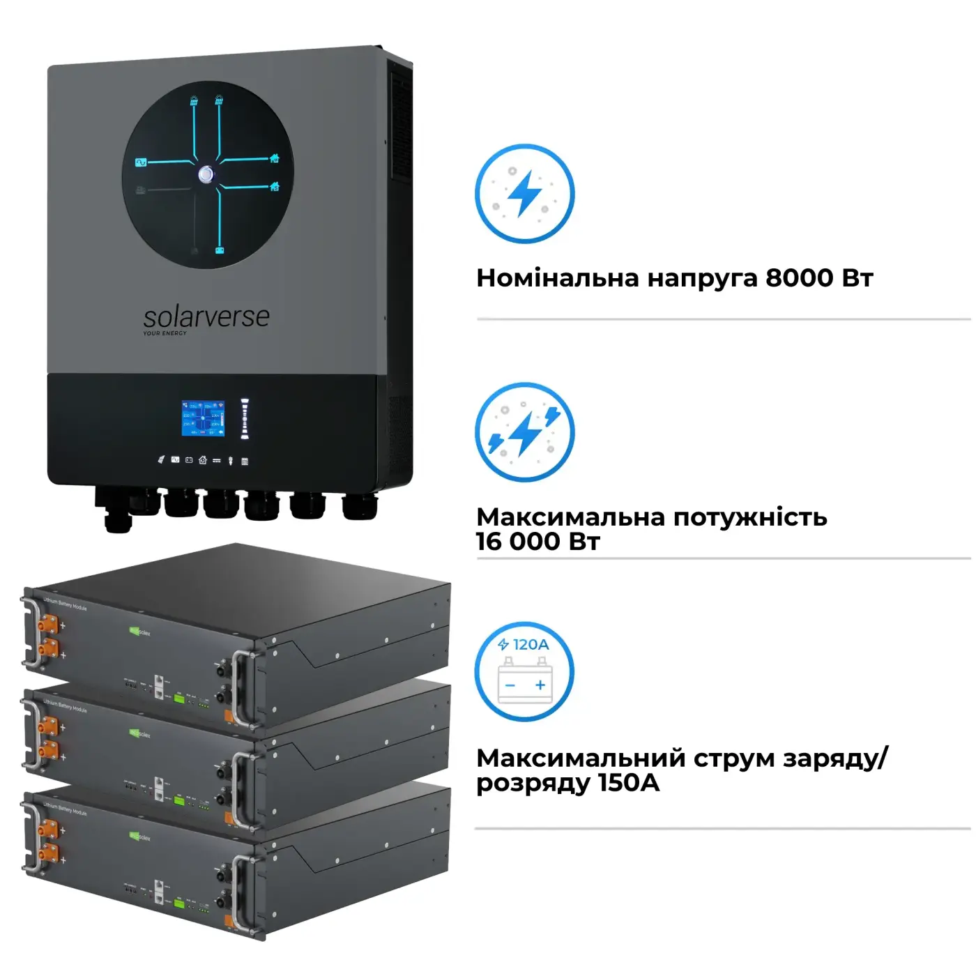 Купити Система зберігання енергії Solarverse SV-1SV8K1-LEC15K1-1 8kW 15.4kWh 3BAT LiFePO4 ≥6000 циклов - фото 3