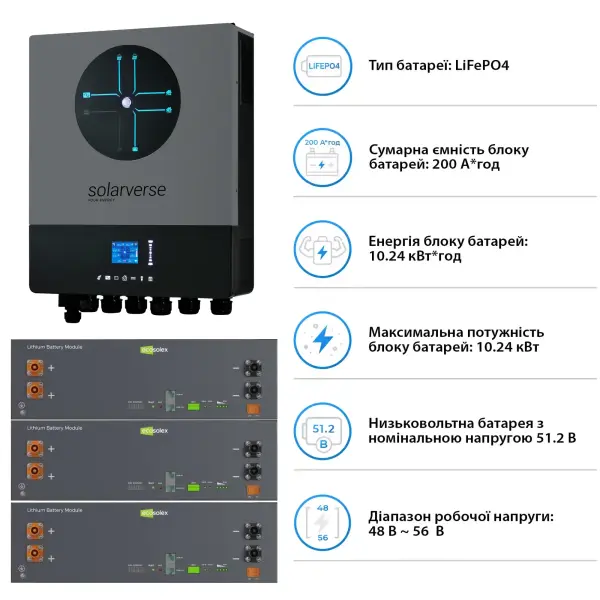 Купити Система зберігання енергії Solarverse SV-1SV8K1-LEC15K1-1 8kW 15.4kWh 3BAT LiFePO4 ≥6000 циклов - фото 5