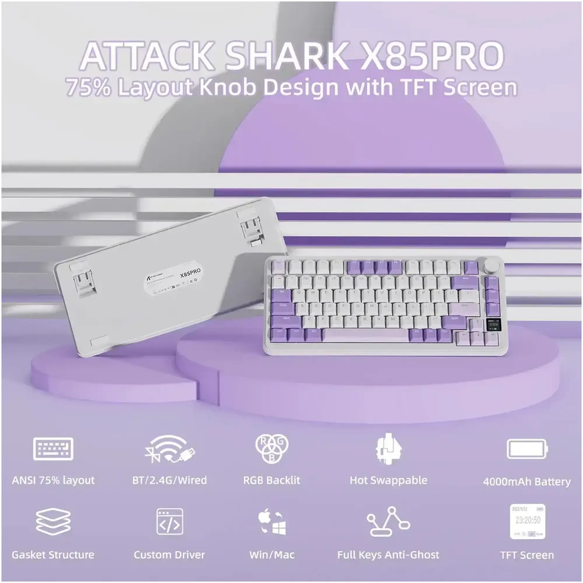 Купити Клавіатура Attack Shark X85PRO RGB Wireless Lavender (X85PROL_AS) - фото 4