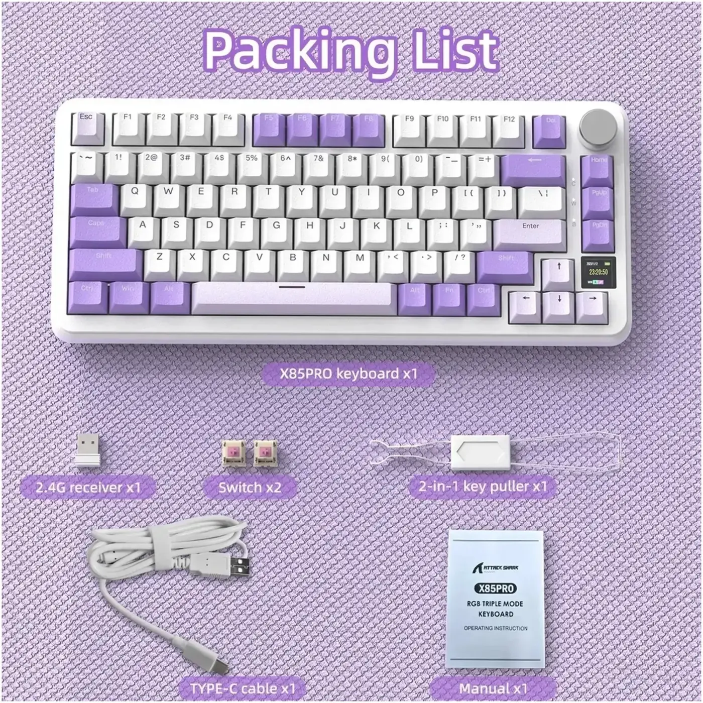 Купити Клавіатура Attack Shark X85PRO RGB Wireless Lavender (X85PROL_AS) - фото 9