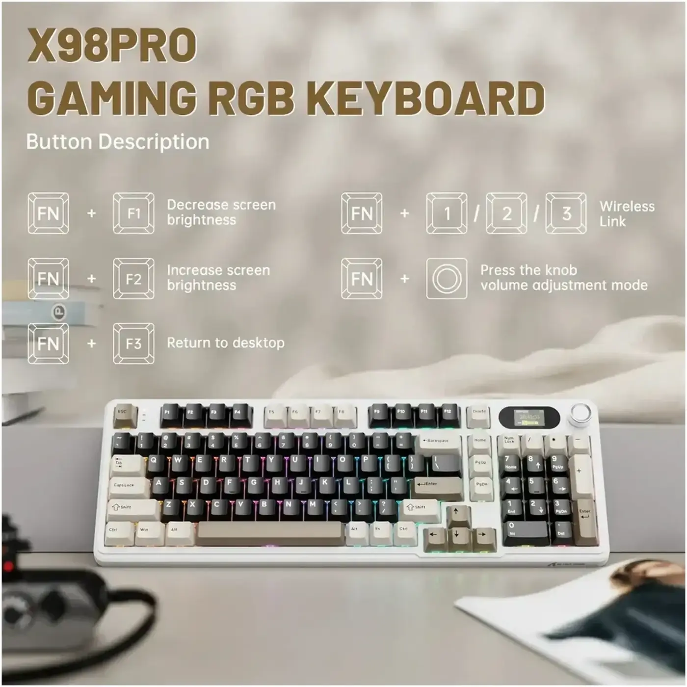 Купити Клавіатура Attack Shark X98 Pro RGB Wireless TFT Cheese white (X98PROCW_AS) - фото 6