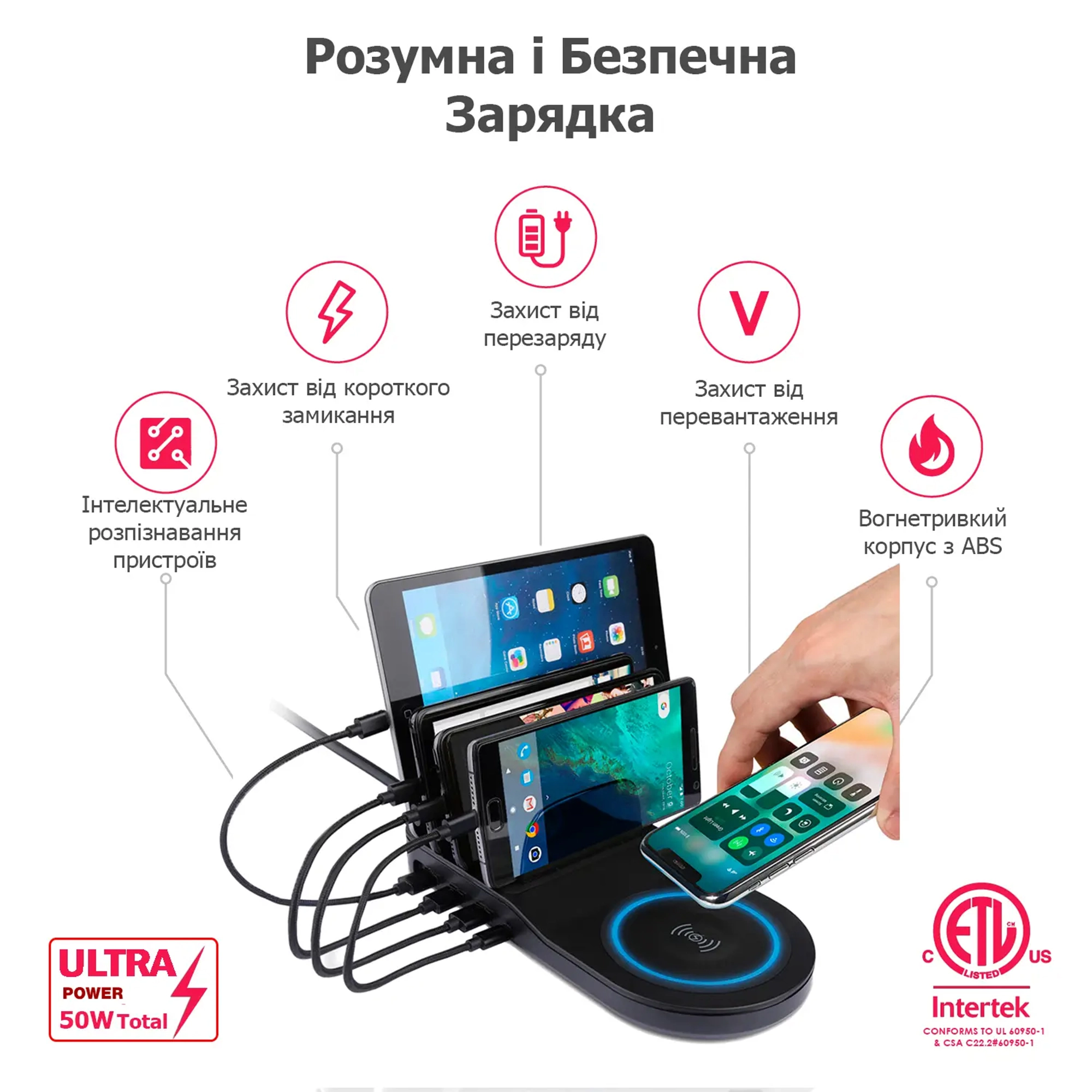 Купити Універсальна зарядна станція Timstool з бездротовою зарядкою Qi та 4 USB Black - фото 4