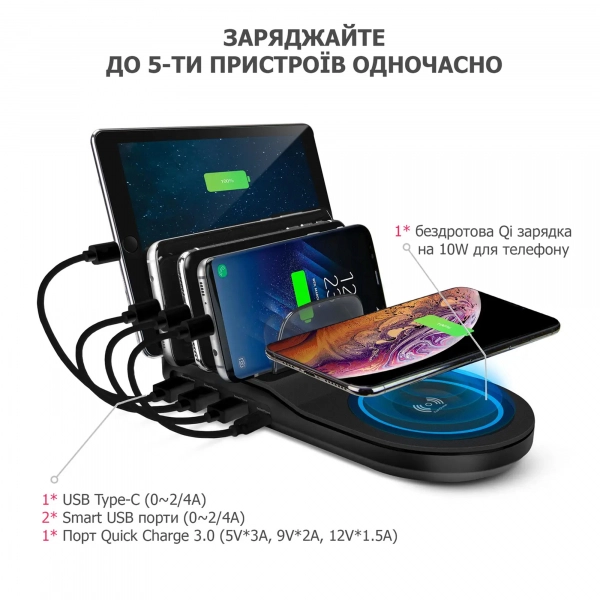 Купити Універсальна зарядна станція Timstool з бездротовою зарядкою Qi та 4 USB Black - фото 5